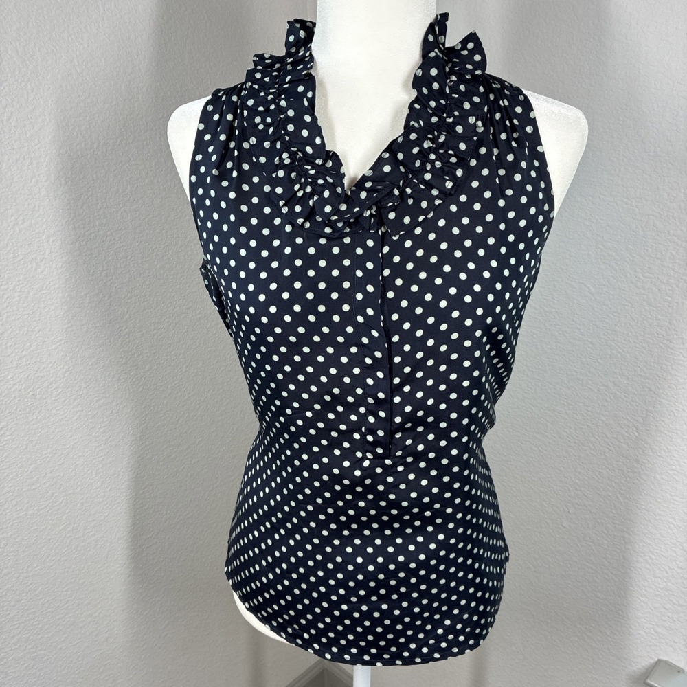 J.Crew 100% Silk Polka Dot Ruffle Collar Sleeveless Tank Size 4 Career Woman